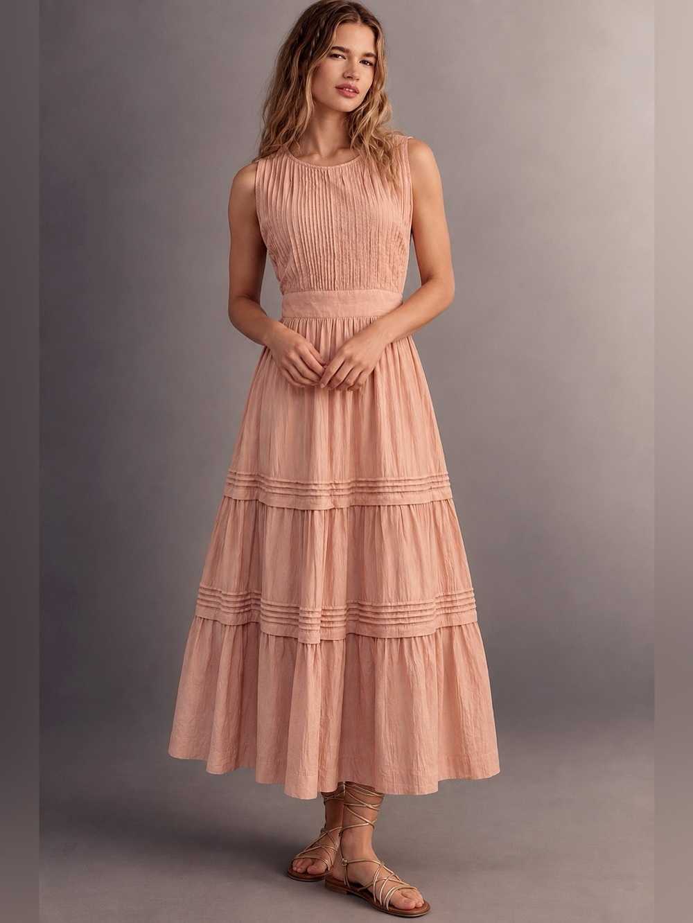 Pampelone Perle Pintuck Maxi Dress Dusty Pink Blush Size L